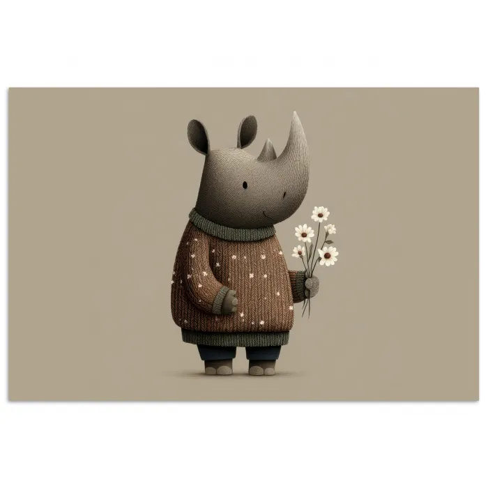 Neushoorn - Witte bloemen - Lief poster papier klein -3d