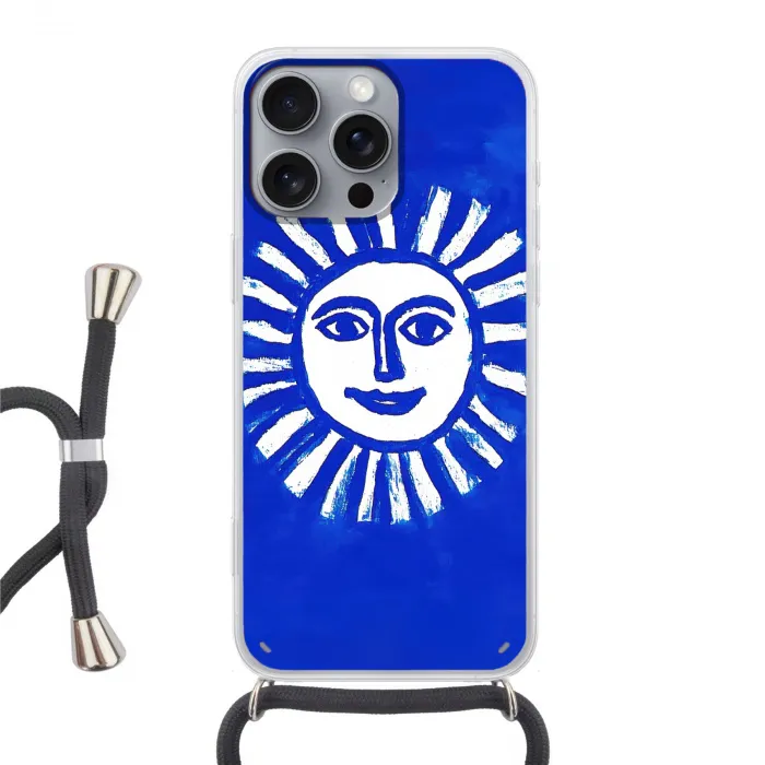 Zon - Gezicht - Penseelstructuur - Blauw Hoesje iPhone 16 Pro Max met koord klein -3d