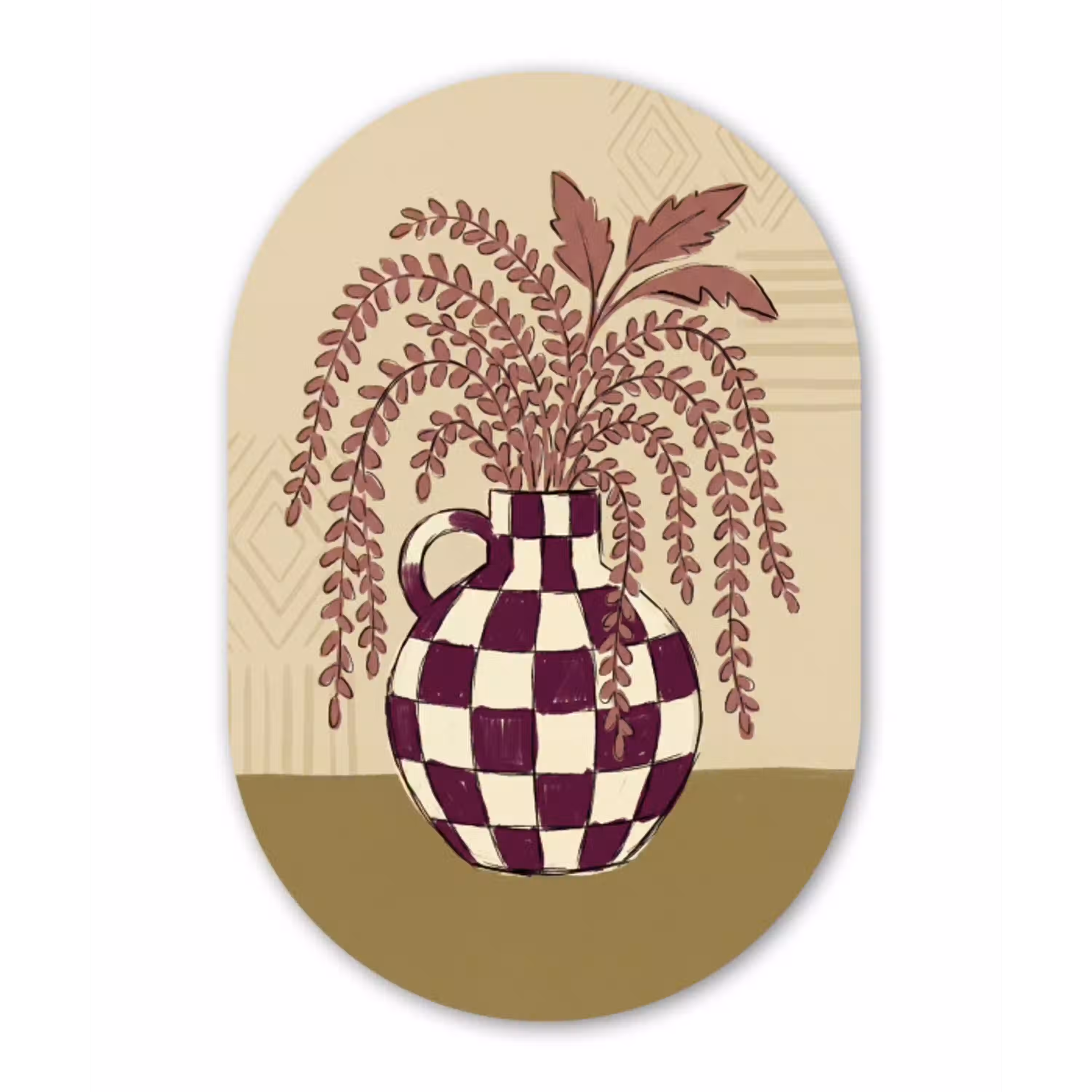 Vaas - Geruit - Planten - Modern - Paars Wandcirkel Ovaal Aluminium middel -3d