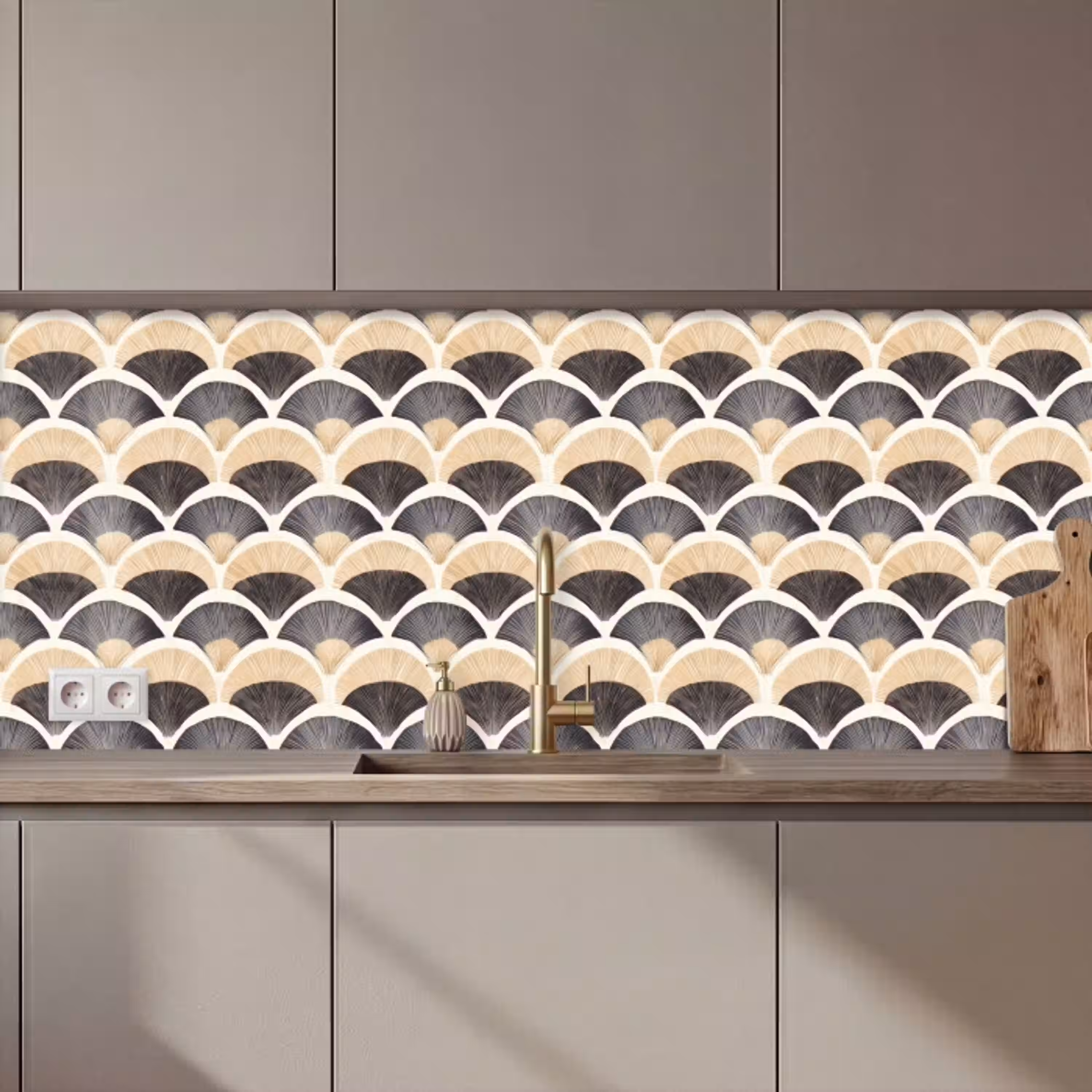 Waaier - Patroon - Zwart - Beige keuken achterwand 2 middel 871 zz_3dshopping