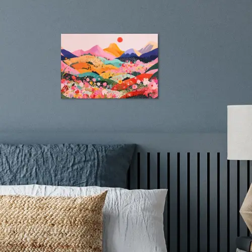 Kleurrijke bloemen - Bergen - Fantasielandschap poster papier klein -sfeer2