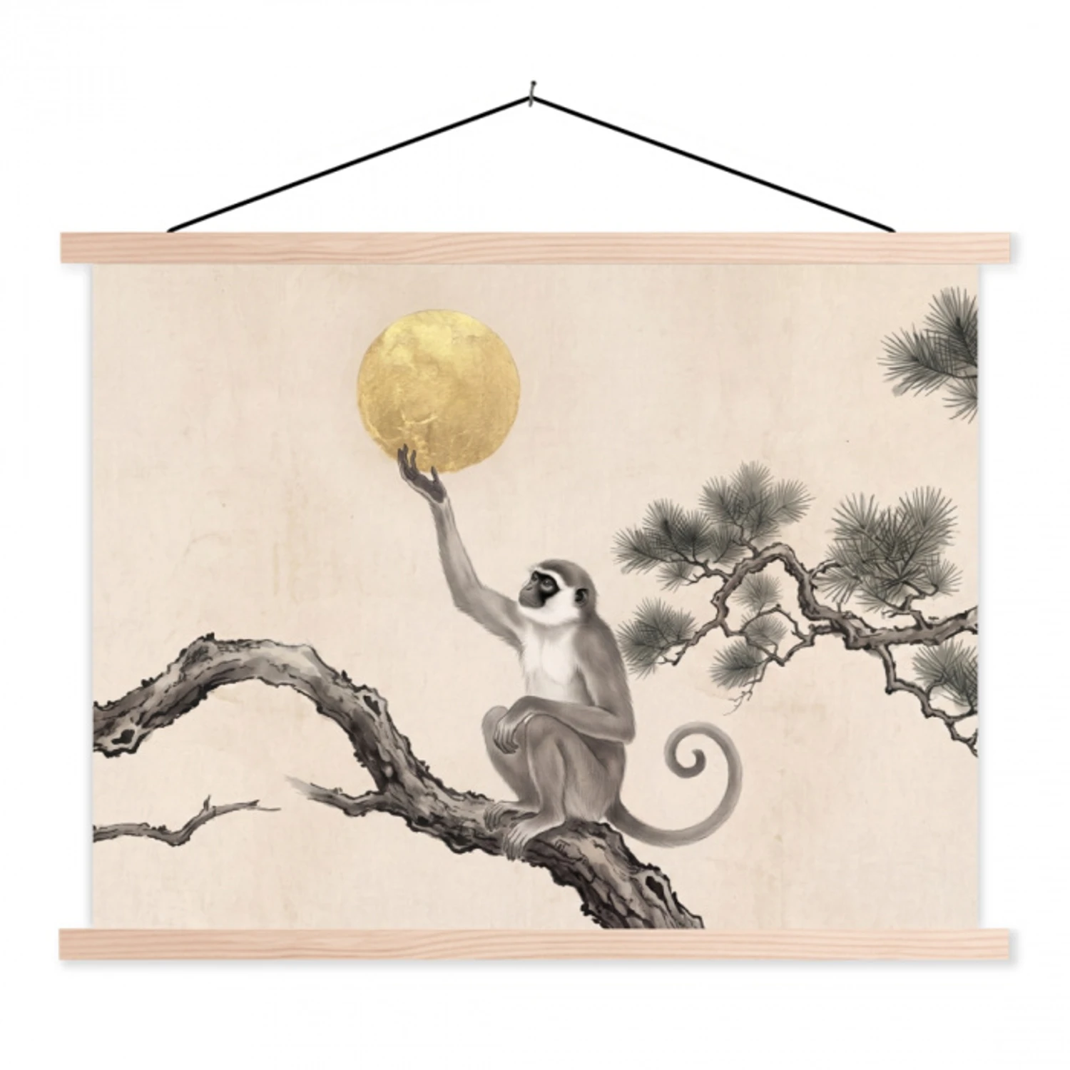 Aap - Maan - Goud textielposter latten blank klein -3d
