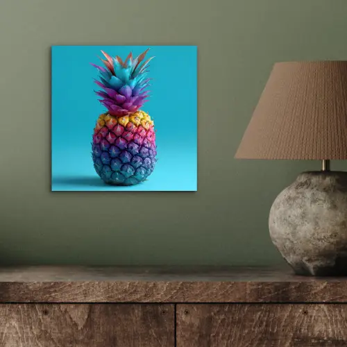 Ananas - Regenboog - Blauw - Popart aluminium wit klein -sfeer2