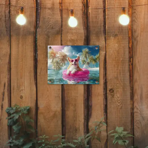 Corgi - Zwemband - Roze - Zonnebril tuinposter los doek klein -sfeer1