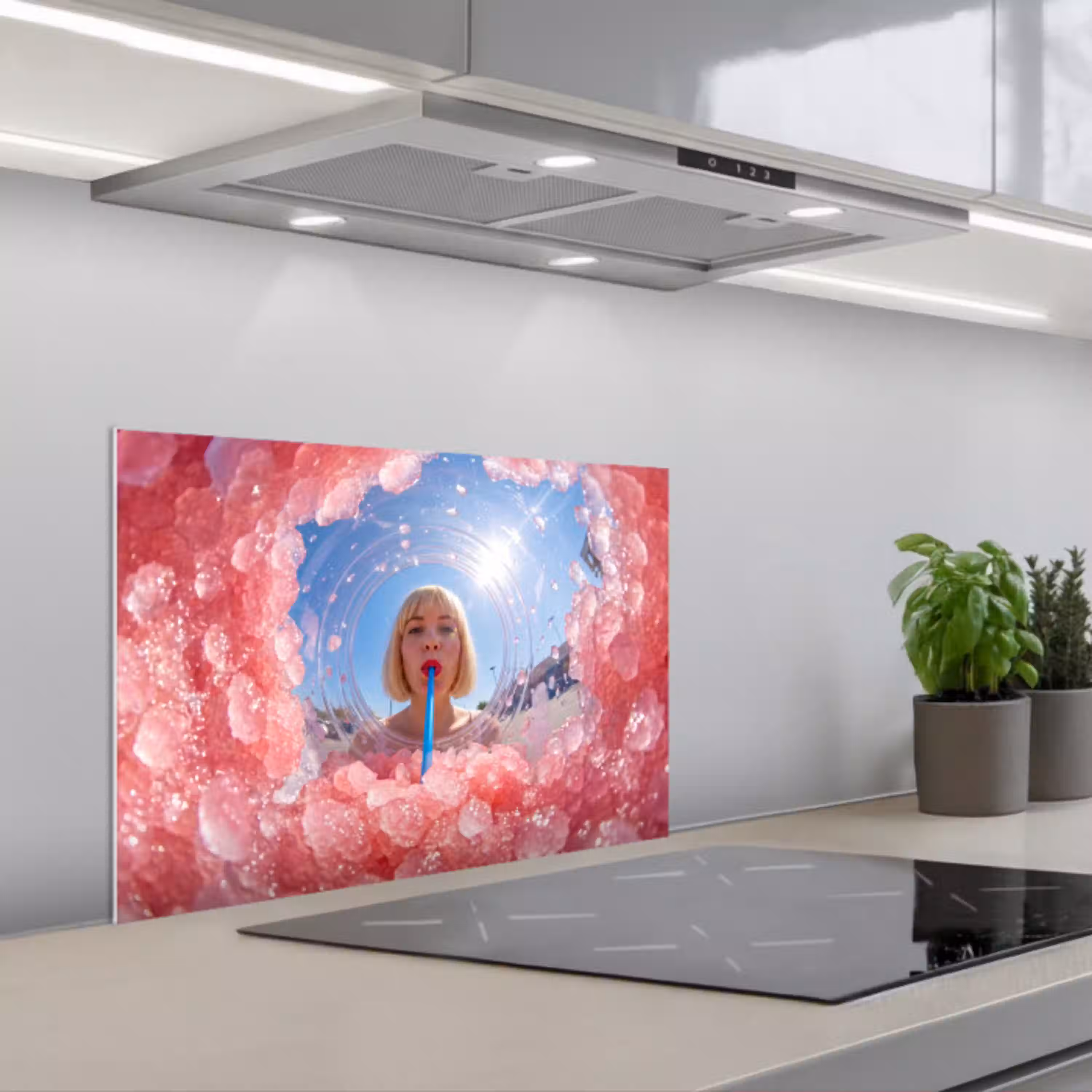 Vrouw - Drank - Zomer - Roze - Blauw keuken achterwand spatscherm klein -3d_schuin