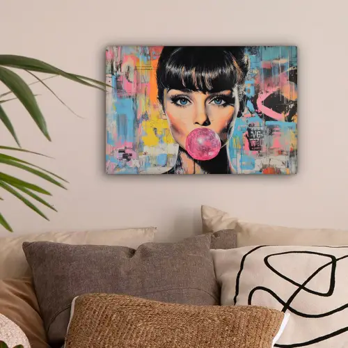 Kauwgom - Vrouw - Penseelstreken - Modern canvas 2cm klein -sfeer1