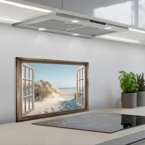 Doorkijk - Helmgras - Duinen - Zee - Landschap keuken achterwand spatscherm klein -3d_schuin
