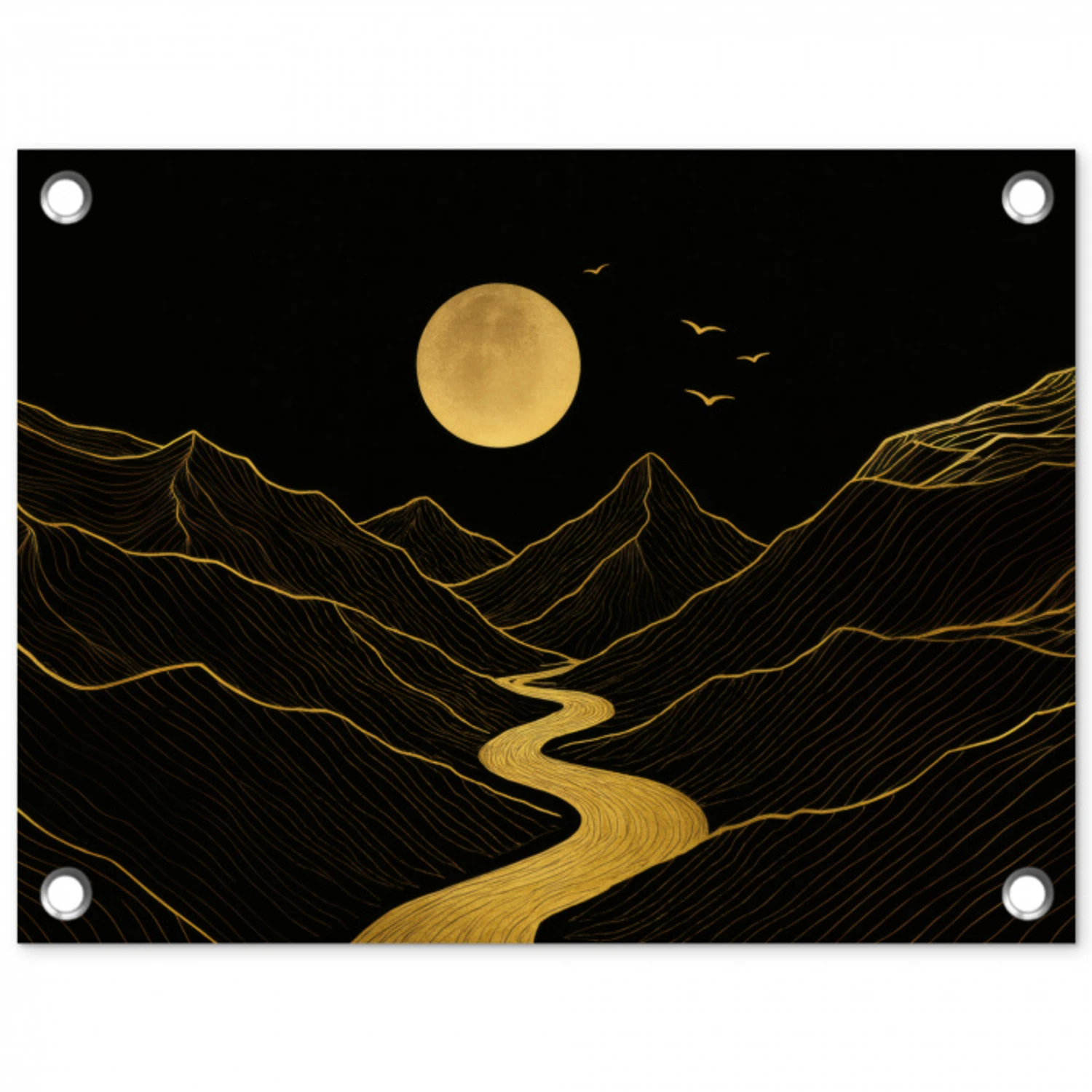 Rivier - Goud - Maan - Vogels tuinposter los doek klein -3d