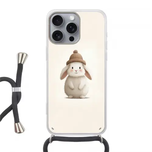 Konijn - Muts - Oren - Beige Hoesje iPhone 16 Pro Max met koord klein -3d