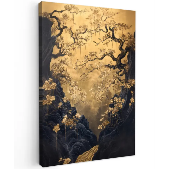 Bloemen - Takken - Goud - Sierlijk Tuinposter op houten frame 2 cm dik klein -3d