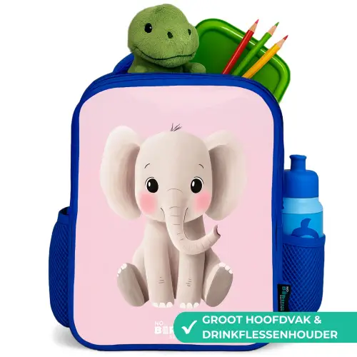 Olifant - Baby - Blosjes - Illustratie Kinderrugzak - Blauw middel -inhoud_NL