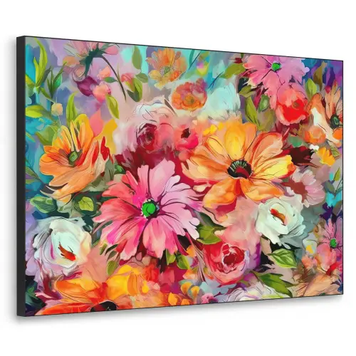 Bloemen - Kleurrijk - Kunst - Olieverf Textielframe zwart klein -3d