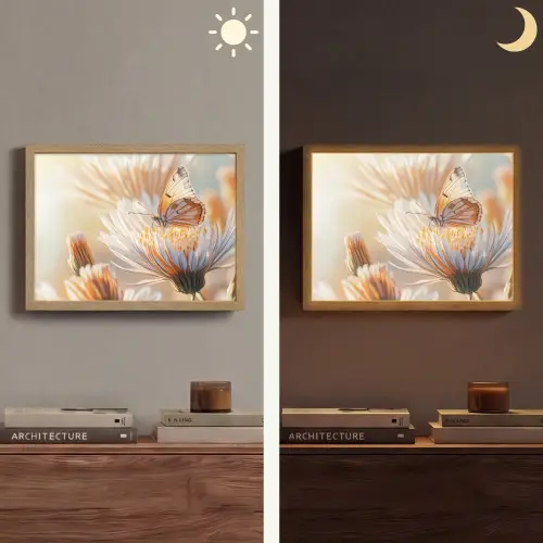 Vlinder - Bloem - Oranje Light Box met batterij (Wandlamp) middel -sfeer3