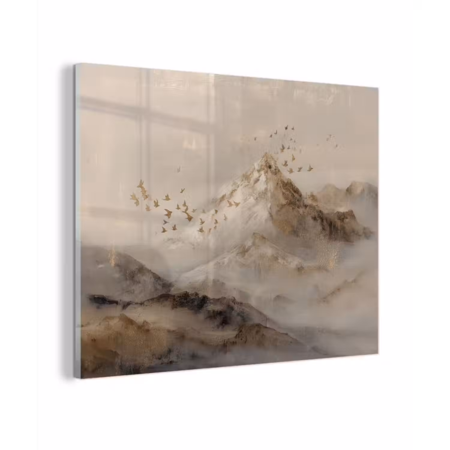 Glas schilderij - Berglandschap - Mist  - Penseelstreken