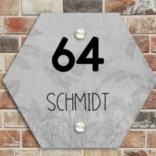 Grijs botanisch patroon - Modern Naambord Hexagon klein -sfeer2