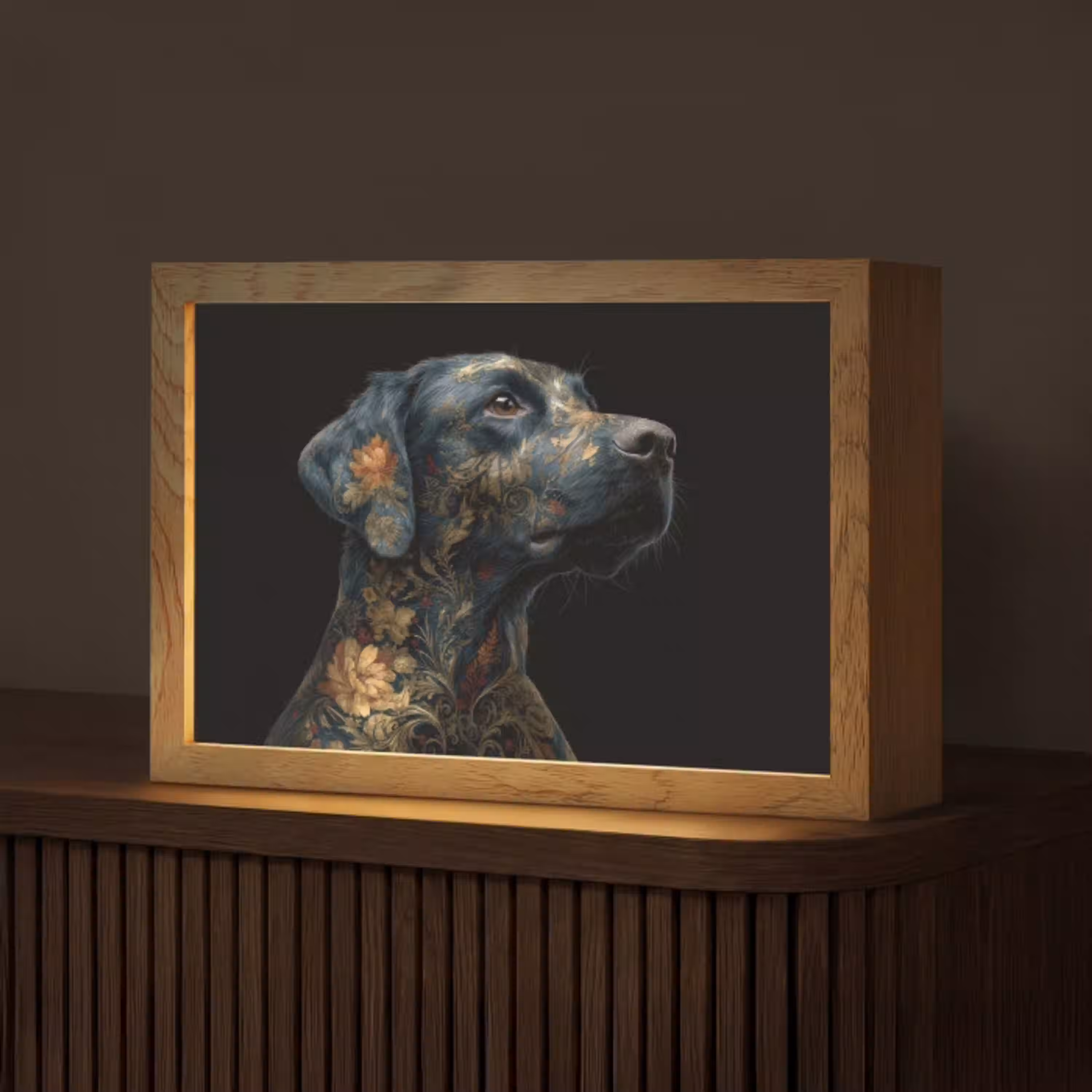 Hond - Zwart - Bloemen Light Box met kabel (Tafellamp) klein -z3d_website