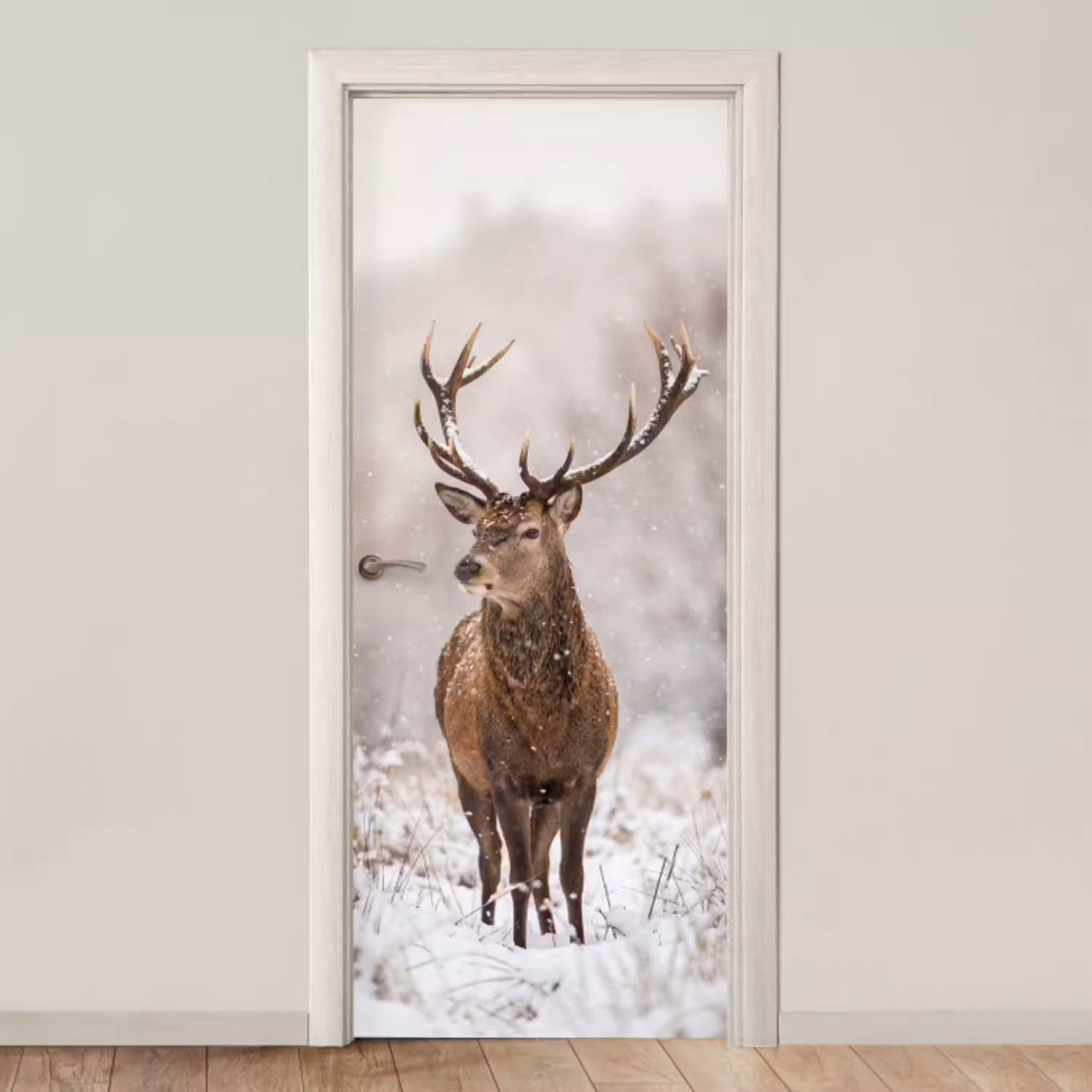 Edelhert - Bos - Sneeuw - Winter - Majestueus deurposter klein -3d_beige