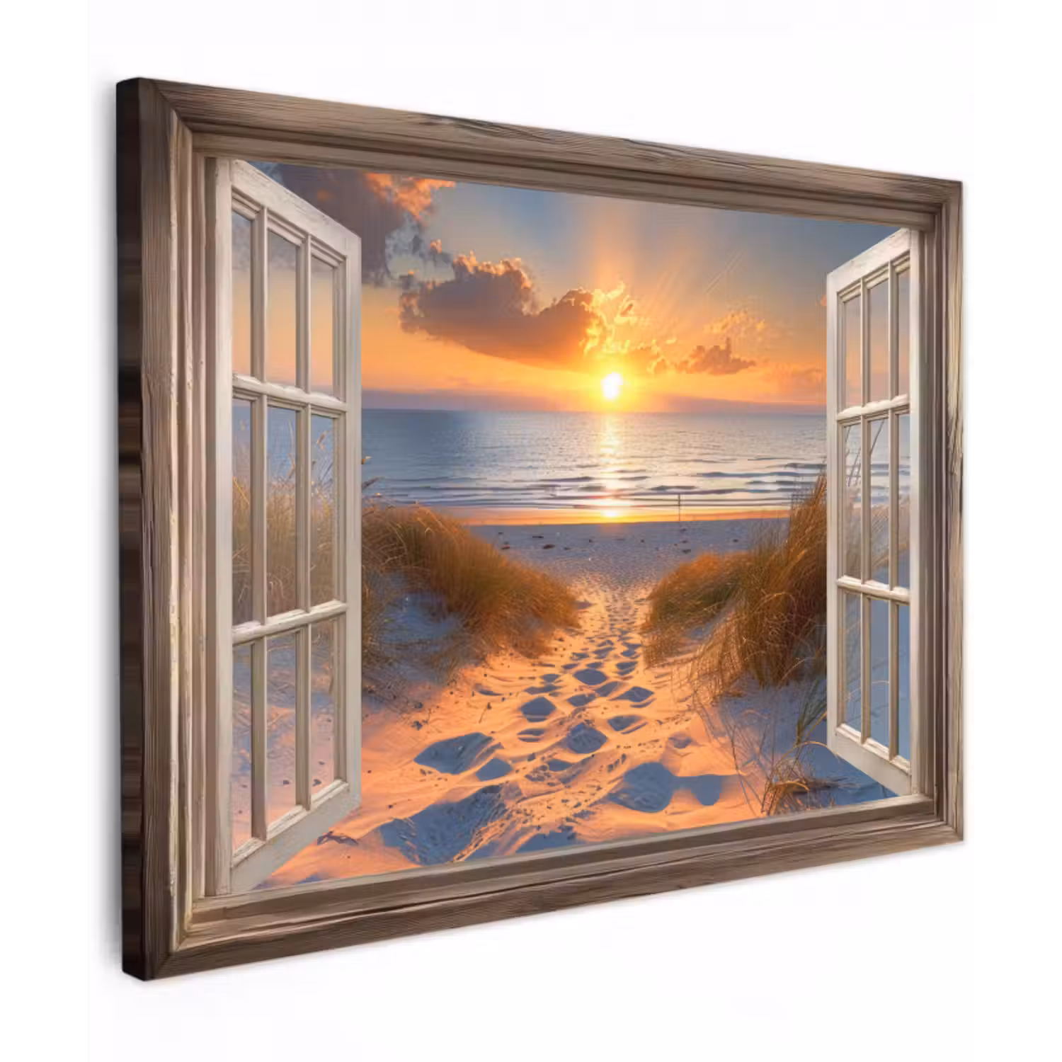 Canvas schilderij - Doorkijk - Strand - Duinen - Zonsondergang