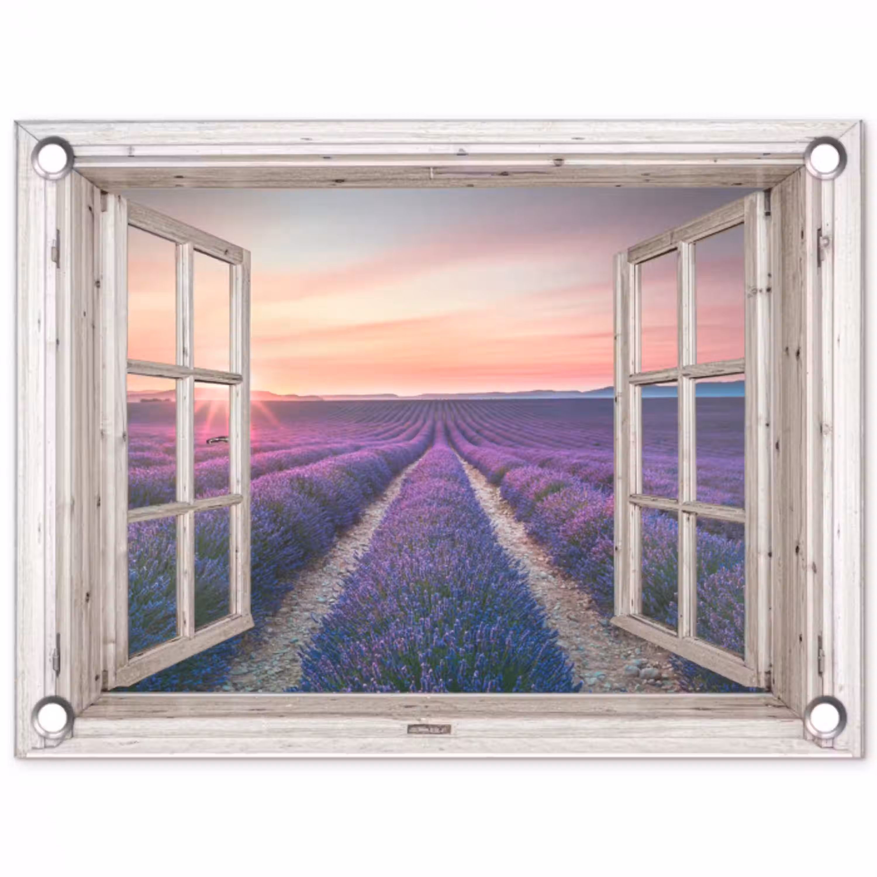 Doorkijk - Lavendel - Bloemen - Hout - Zonsondergang - Paars tuinposter los doek klein -3d