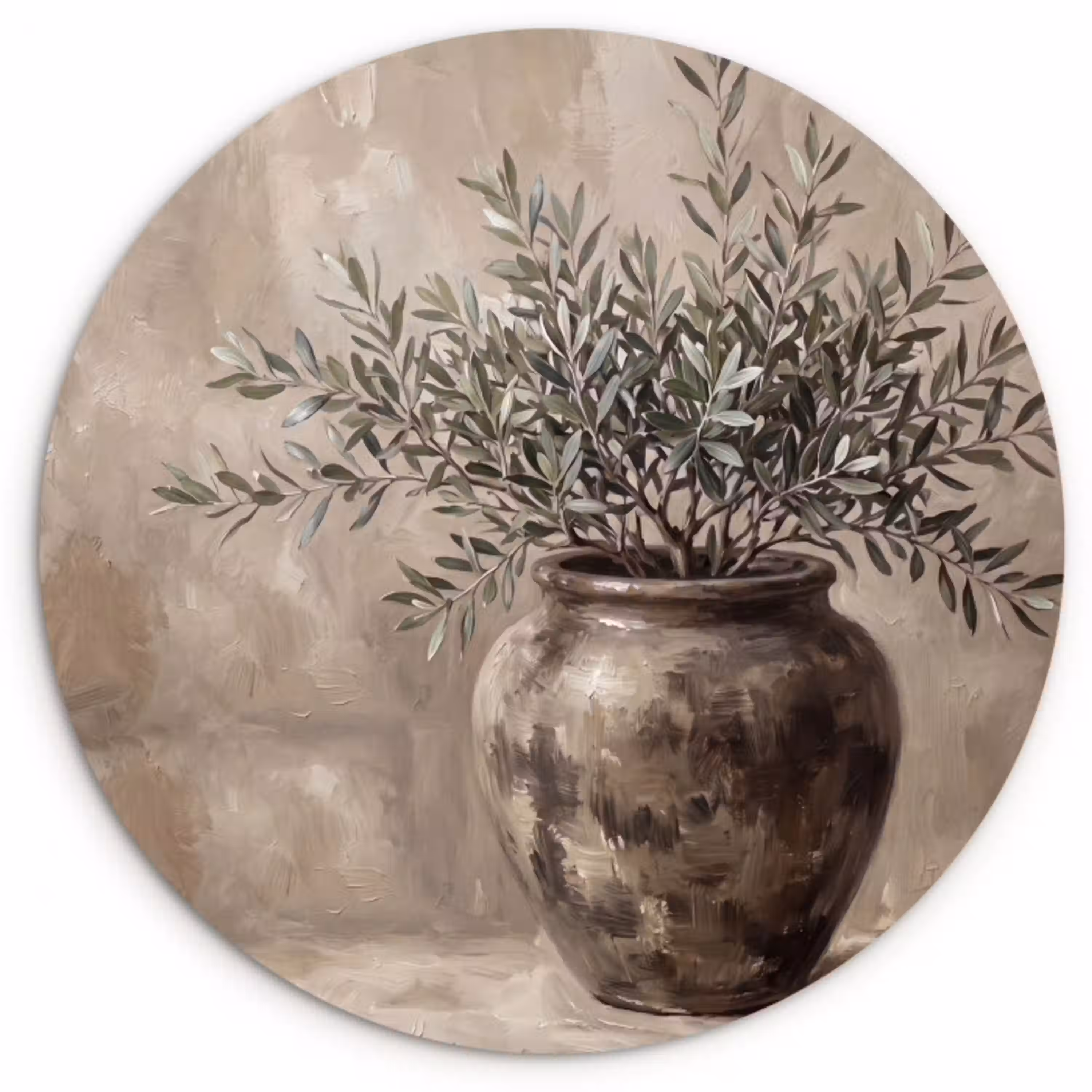 Olijfplant - Aardenpot - Abstract - Beige Wandcirkel kunststof plaat 5mm dik klein -3d