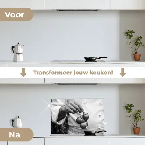 Tomaten - Chef - Zwart - Wit keuken achterwand spatscherm klein -voor_na_NL