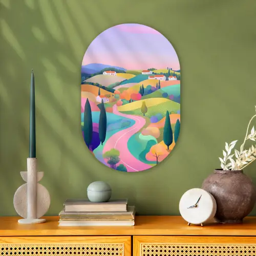 Landschap - Paars - Pastel - Huizen Wandcirkel Ovaal Forex klein -sfeer2