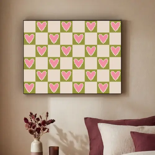 Olijfgroen - Hartjes - Patroon - Retro Textielframe zwart klein 947 -sfeer1