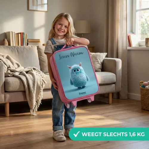 Blauw pluizig monster met hoorns Kinderkoffer - Roze klein -sfeer2_NL