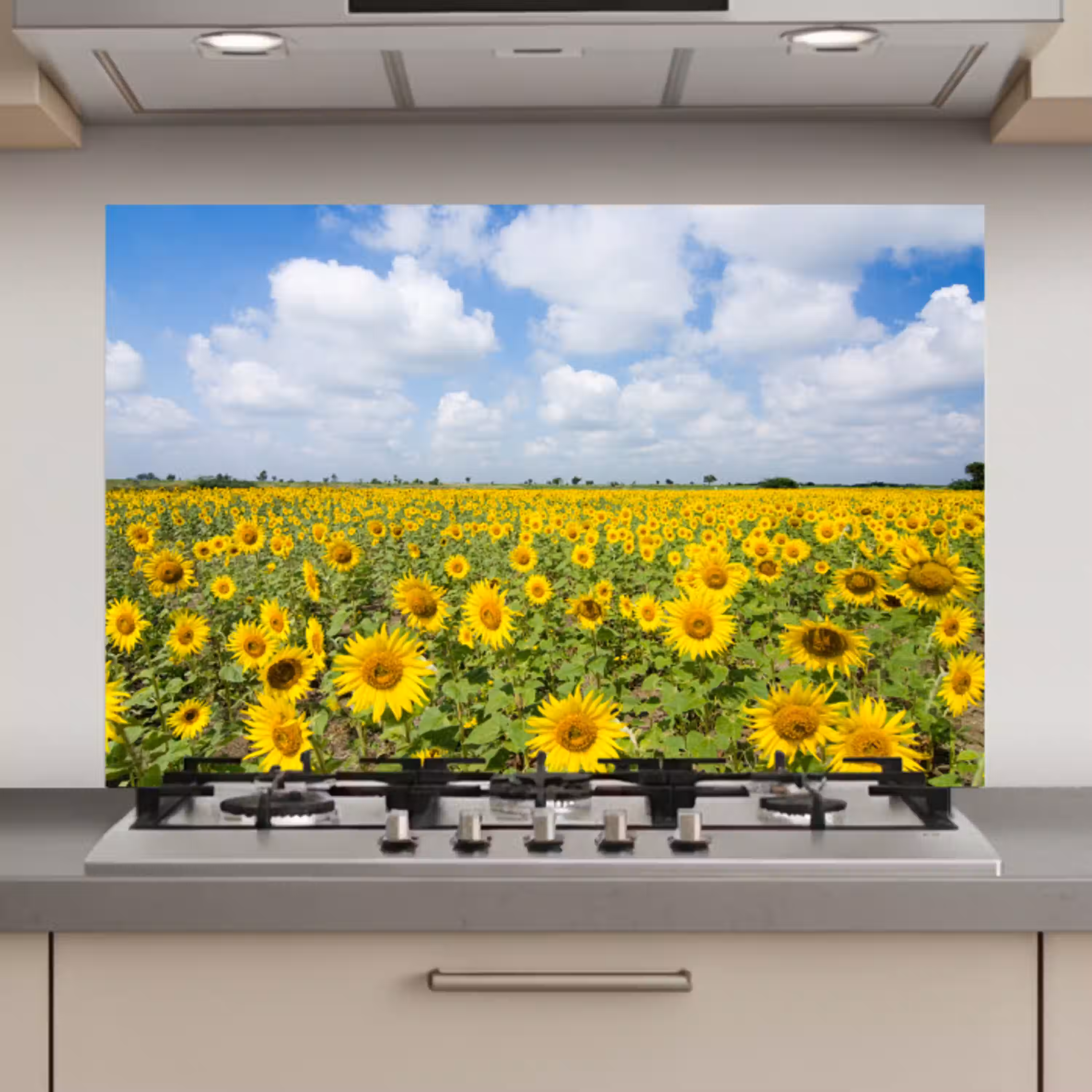 Zonnebloemen - Bloemen - Wolken - Natuur - Geel - Landschap keuken achterwand spatscherm klein -3d_website