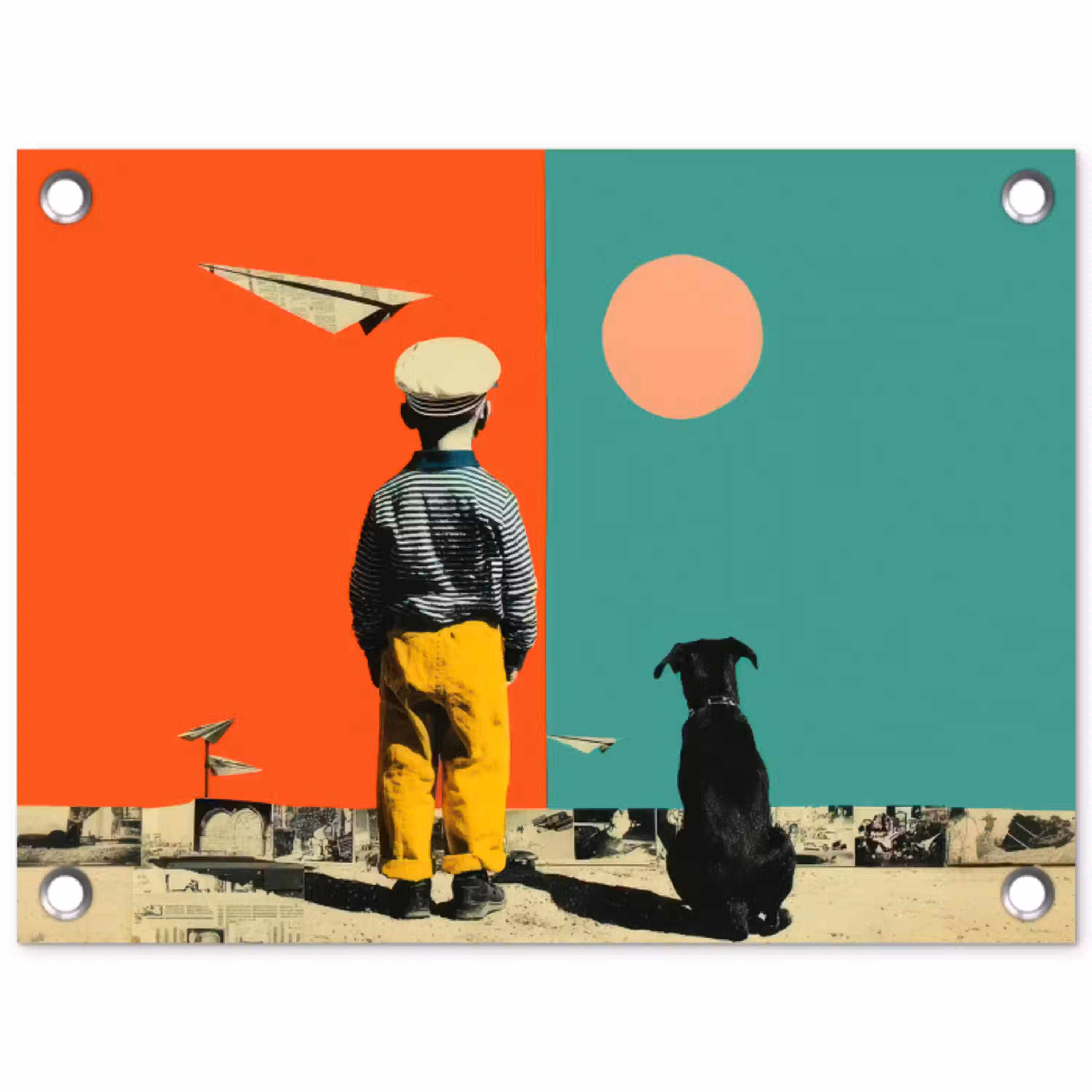 Retro - Jongen - Hond - Rood - Groen tuinposter los doek klein -3d