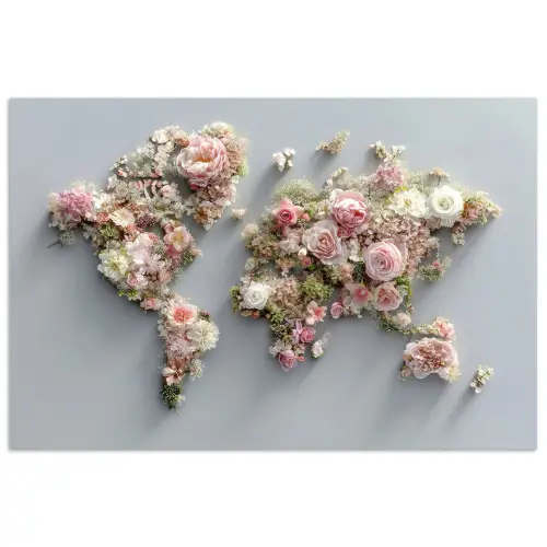 Wereldkaart - Rozen - Roze poster papier klein -3d