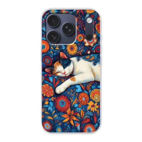 Kat - Bloemenpatroon - Blauw - Oranje Telefoonhoesje iPhone 17 Pro klein -3d