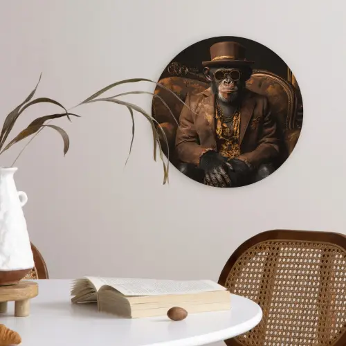Chimpansee - Stoel - Pak - Bruin Wandcirkel kunststof plaat 5mm dik klein -sfeer4
