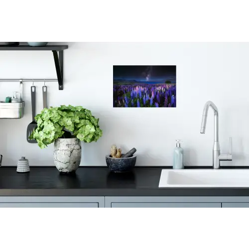 Bloemen - Nacht - Lupine - Sterrenhemel - Paars - Natuur Muursticker klein -keuken