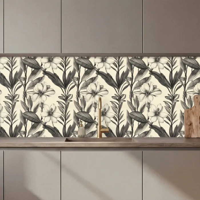 Klassiek - Botanisch - Zwart - Beige keuken achterwand 2 middel 871 zz_3dshopping