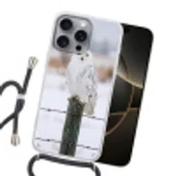 Sneeuwuil - Hek - Sneeuw - Wit Hoesje iPhone 16 Pro Max met koord klein -sfeer1