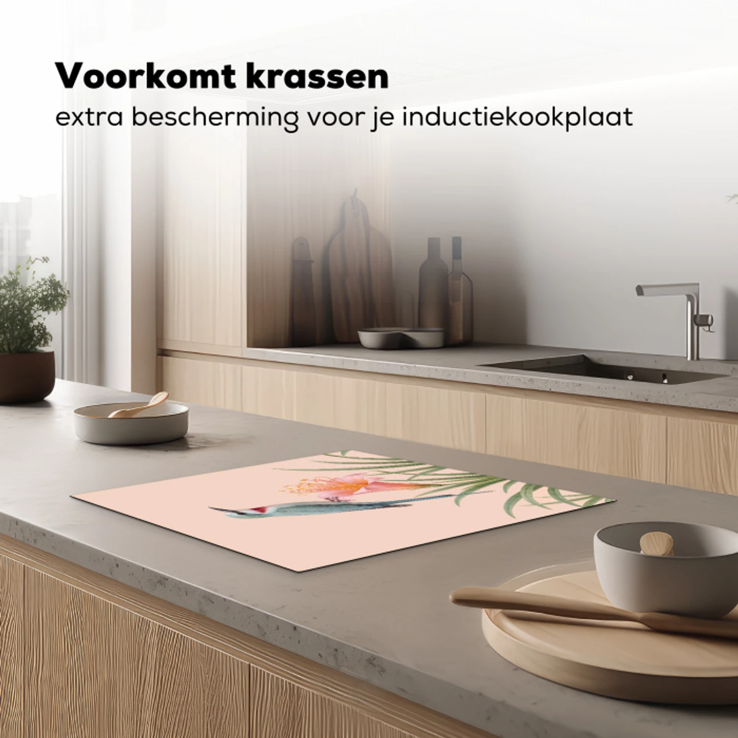 Vogel - Bloem - Natuur - Roze Inductie beschermer vinyl 3mm middel -sfeer1