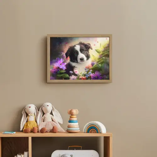 Puppy - Zon - Bloemen - Natuur - Bordercollie - Hond Light Box met batterij (Wandlamp kind) middel -sfeer2_kind