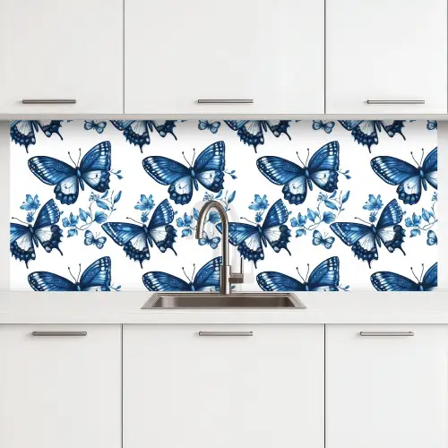 Blauw - Vlinders - Bloemen - Wit keuken achterwand 2 middel 871 -3d