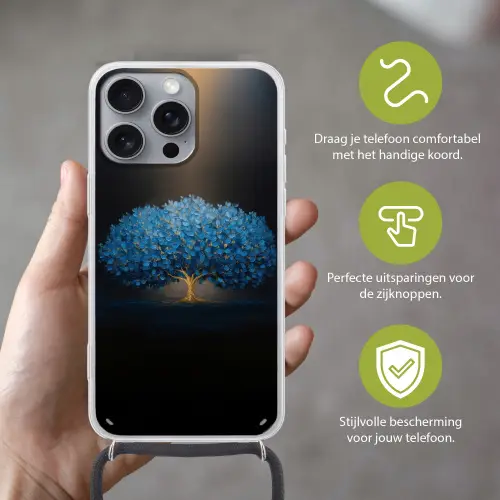 Boom - Blauw - Bladeren - Penseelstreken Hoesje iPhone 16 Pro Max met koord klein -sfeer2_NL
