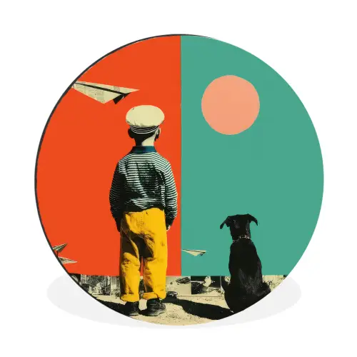 Retro - Jongen - Hond - Rood - Groen Wandcirkel aluminium klein -3d