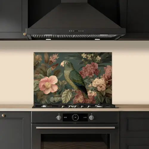 Groene papegaai - Kleurrijke bloemen - Donkere achtergrond keuken achterwand spatscherm klein -sfeer1