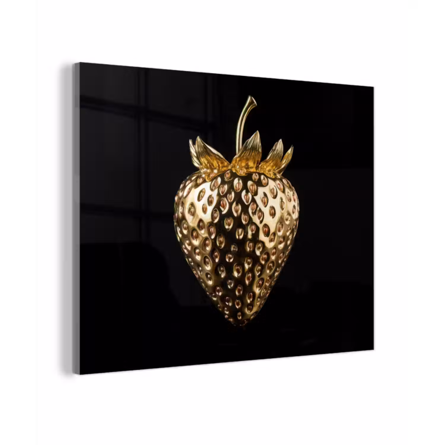 Glas schilderij - Aardbei - Goud - Zwart - Chrome