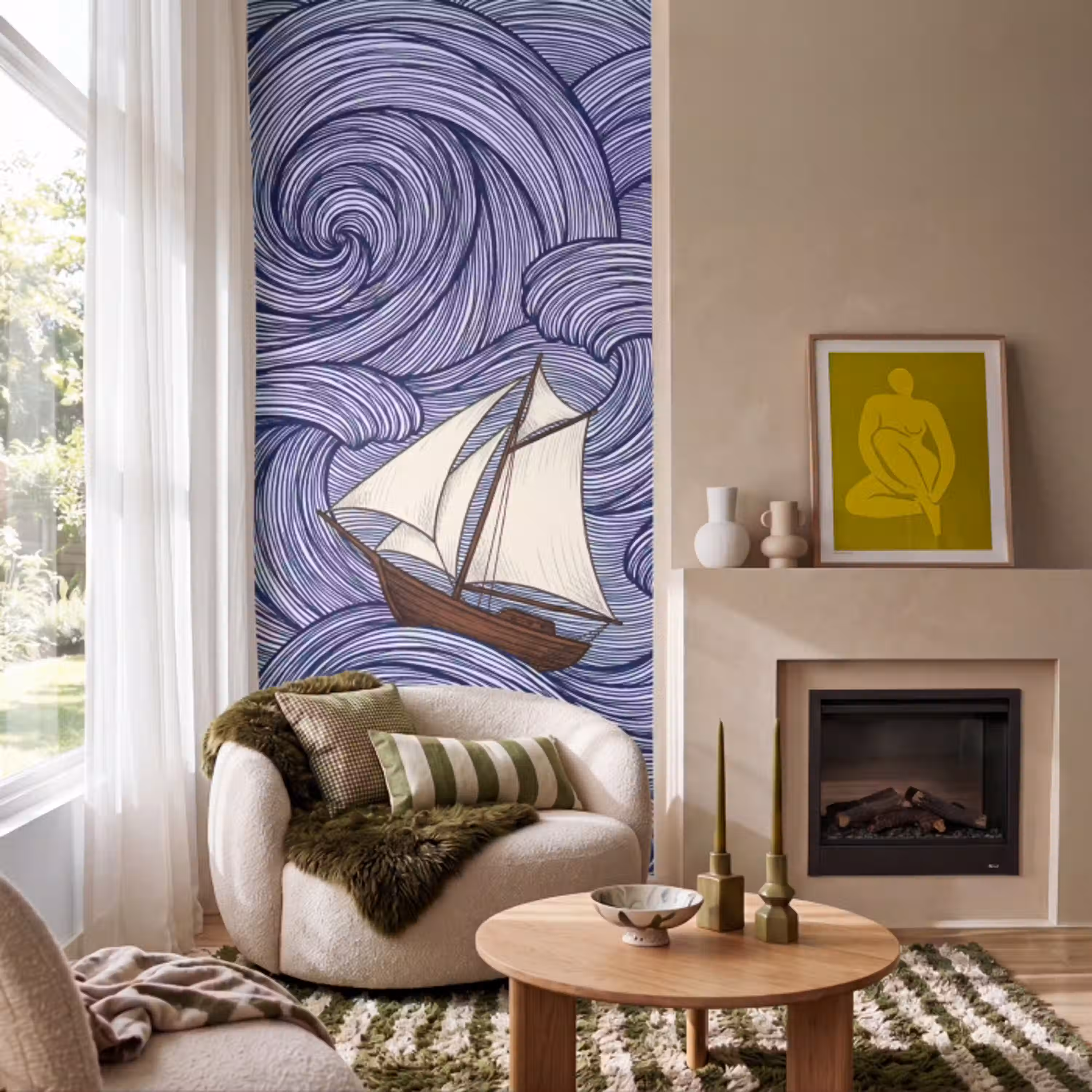 Schip - Golven - Zee - Illustratie - Blauw Behang Vlies klein -sfeer2