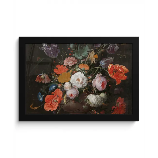 Stilleven met bloemen en een horloge - Schilderij van Abraham Mignon fotolijst zwart zonder passe partout klein -3d