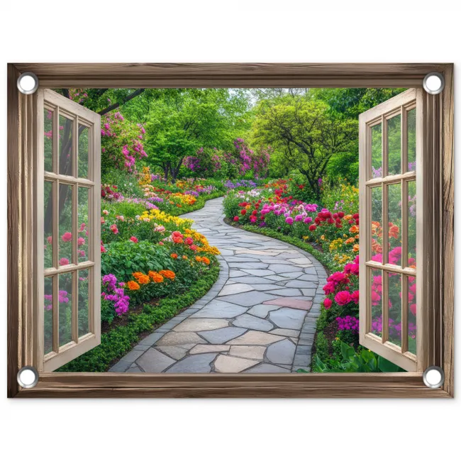 Doorkijk - Bloemen - Tuinpad - Natuur - Raam tuinposter los doek klein -3d