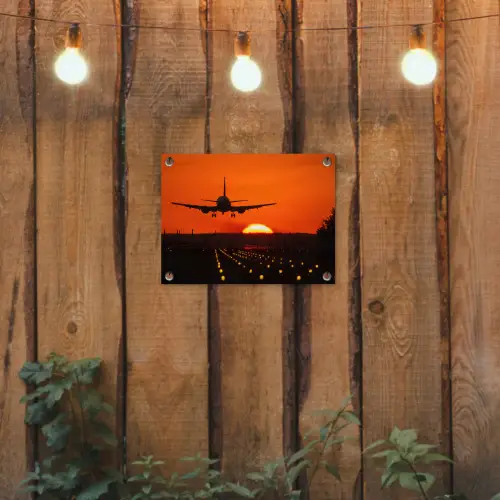 Zonsondergang - Vliegtuig - Oranje - Zon tuinposter los doek klein -sfeer1