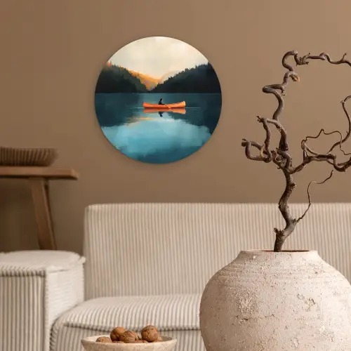 Bossen - Meer - Kano - Oranje Wandcirkel kunststof plaat 5mm dik klein -sfeer1