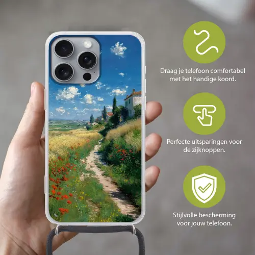 Zandpad - Huis - Bomen - Grasveld Hoesje iPhone 16 Pro Max met koord klein -sfeer2_NL