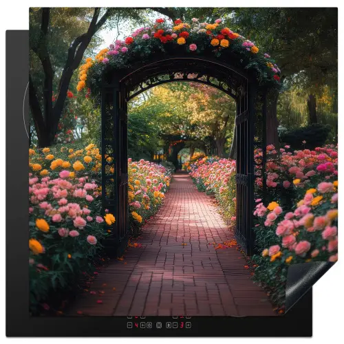 Doorkijk - Bloemen - Pad - Natuur - Kleurrijk Inductie beschermer vinyl 3mm middel -3d